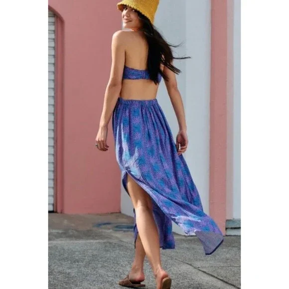 NWT Free People Women Payton Maxi Dress Strapless Blue Pink Printed Dress Sz L - Picture 3 of 11